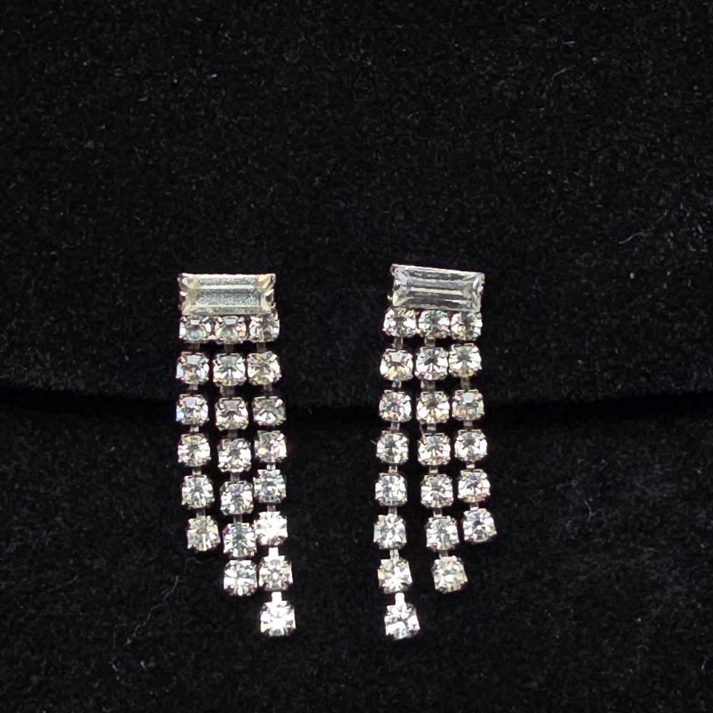 Clear Rhinestone Fringe Clip On Earrings Vintage Costume Jewelry